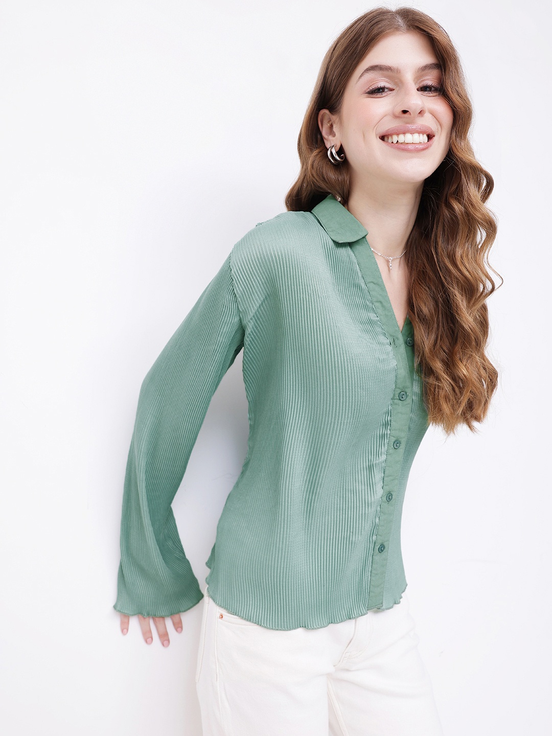 

DressBerry Delightfully Sweet Accordion Pleated Textured Shirt, Green