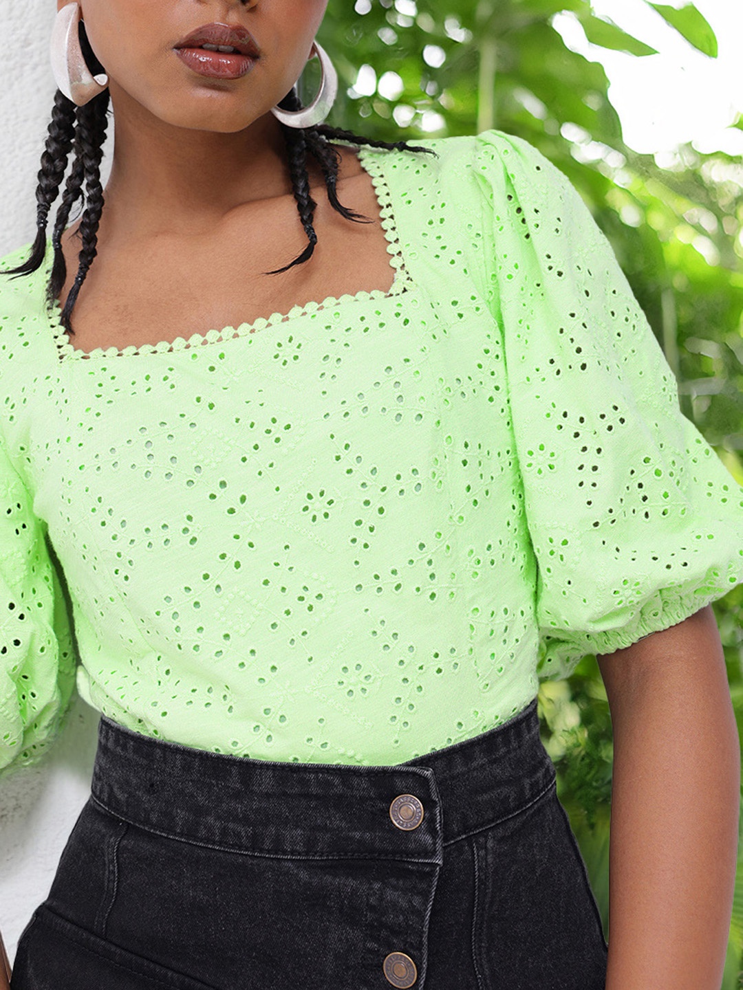 

DressBerry Trendy Puff Sleeves Schiffli Top, Green