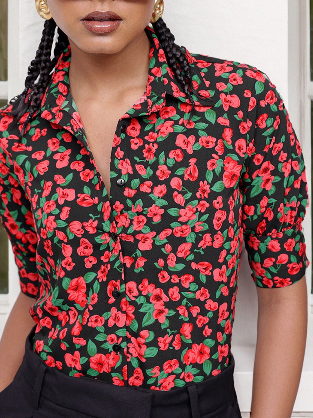 

DressBerry Vibrant Bright Floral Printed Shirt, Black