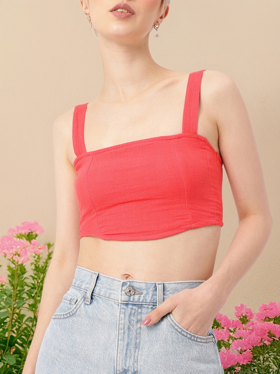 

DressBerry Smocked Show Strappy Crinkled Crop Top, Pink