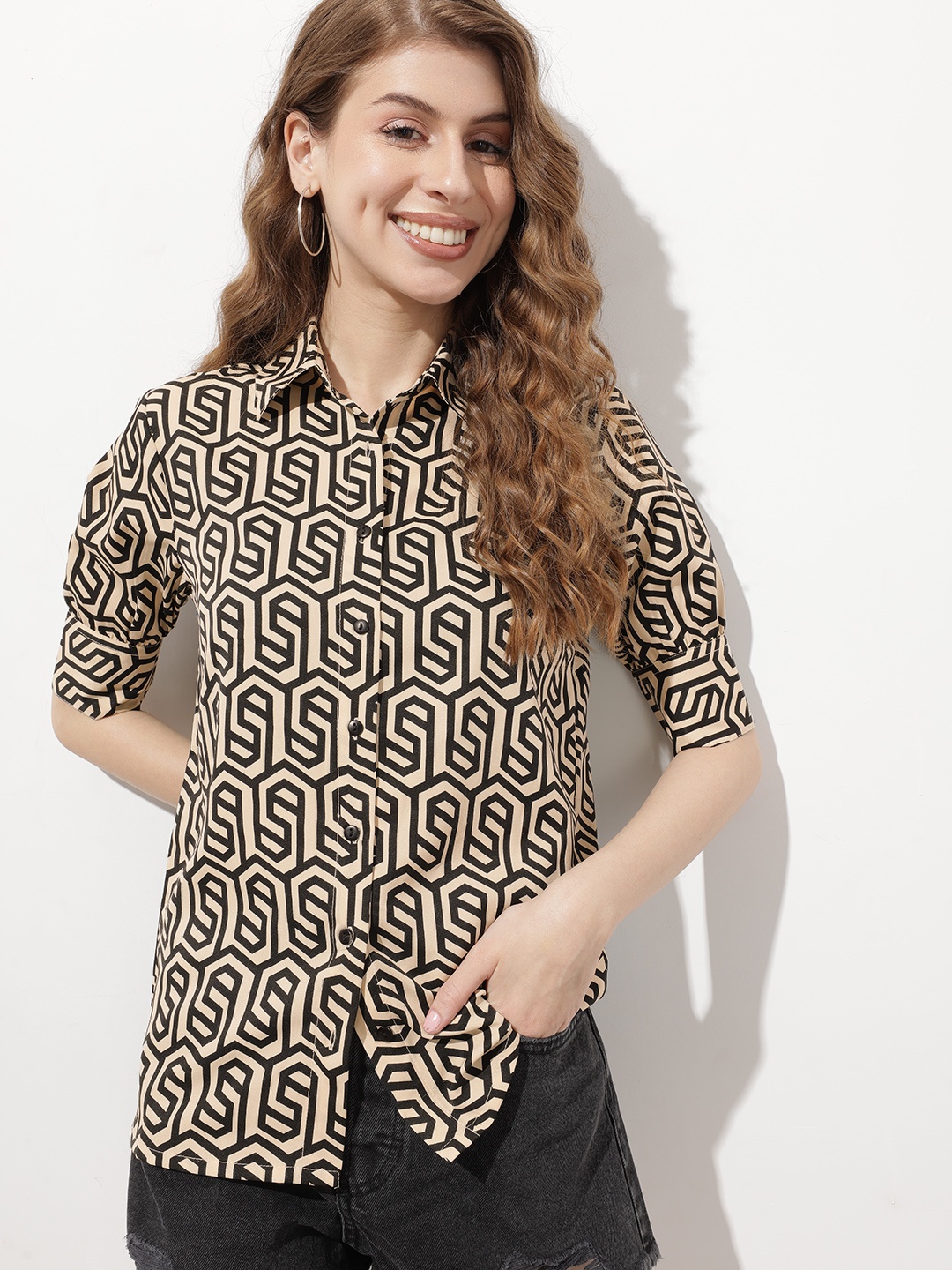 DressBerry Trippy Terrain Printed Shirt, Beige