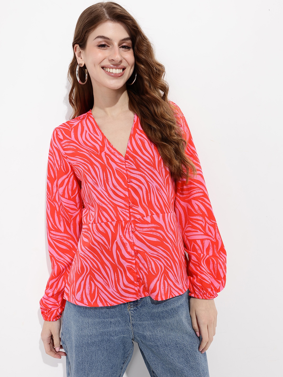 

DressBerry Leafy Vibe Brush Strokes Top, Pink