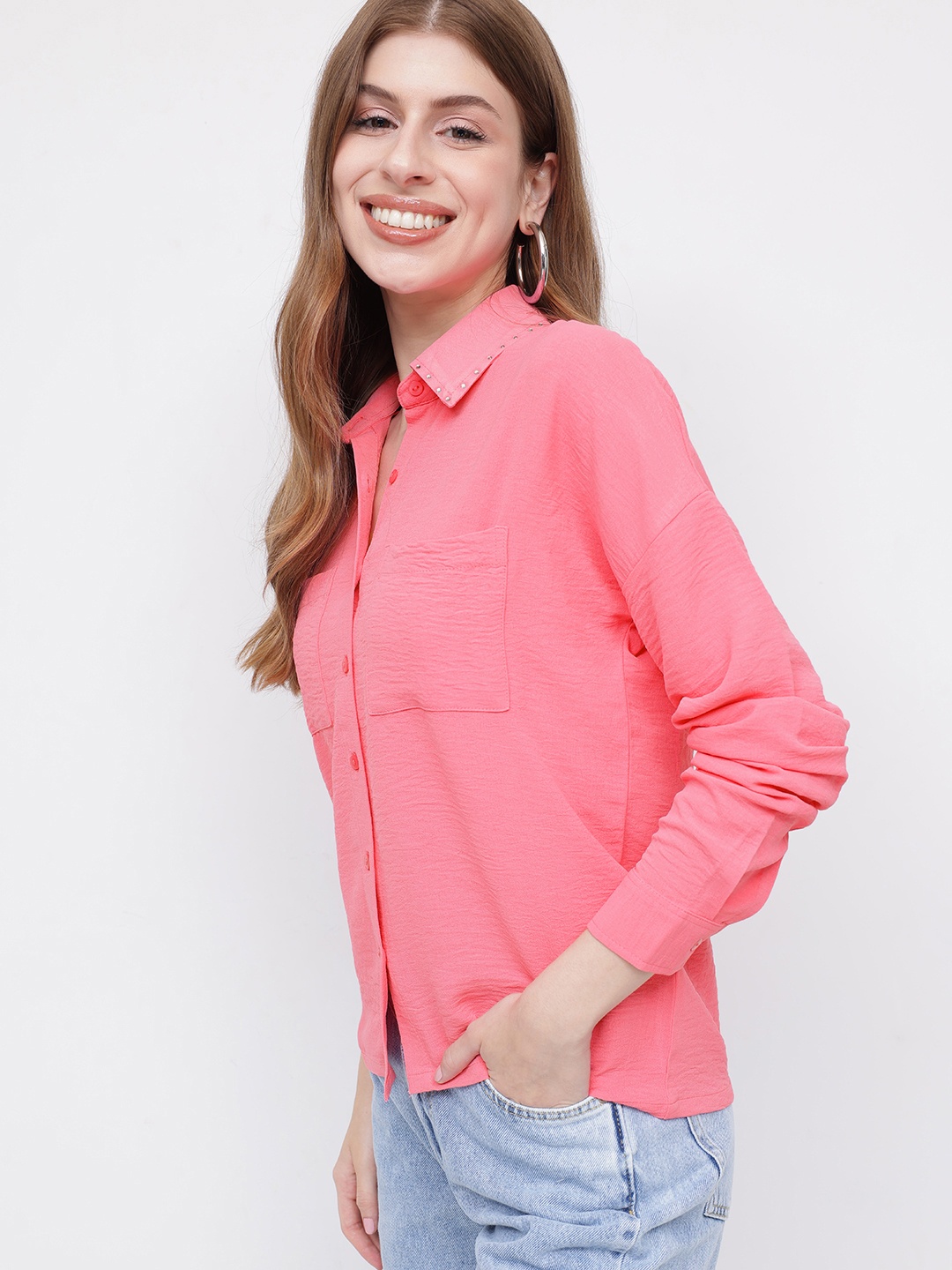 

DressBerry Color Pop Studded Detail Shirt, Pink