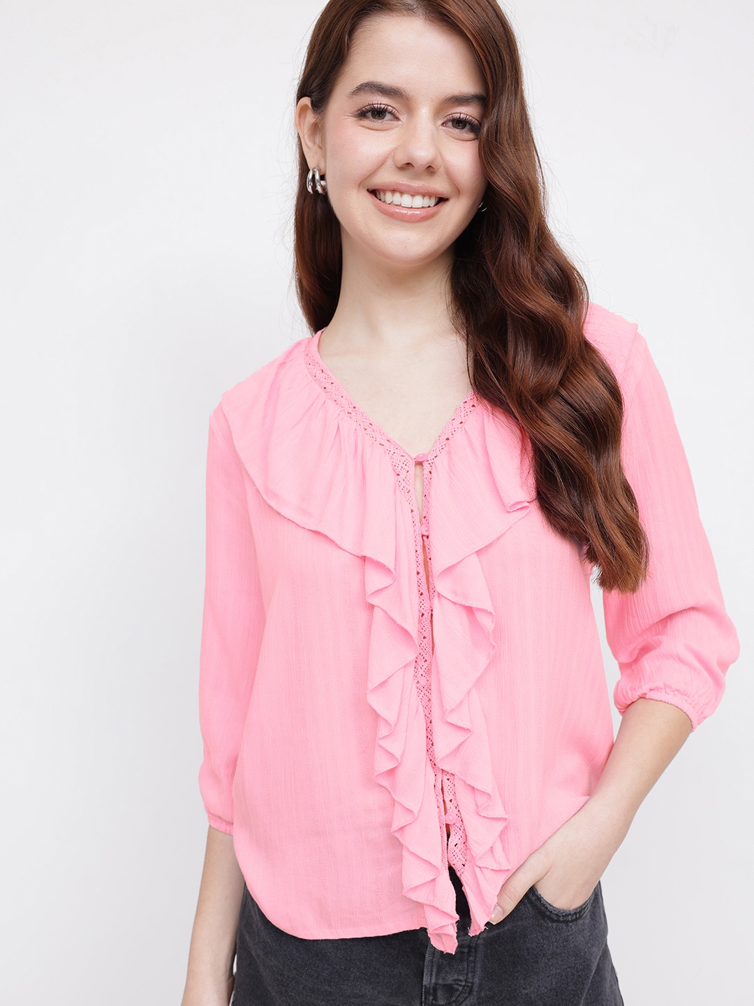 

DressBerry Vintage Vibes Texture Stripes Ruffled Top, Pink