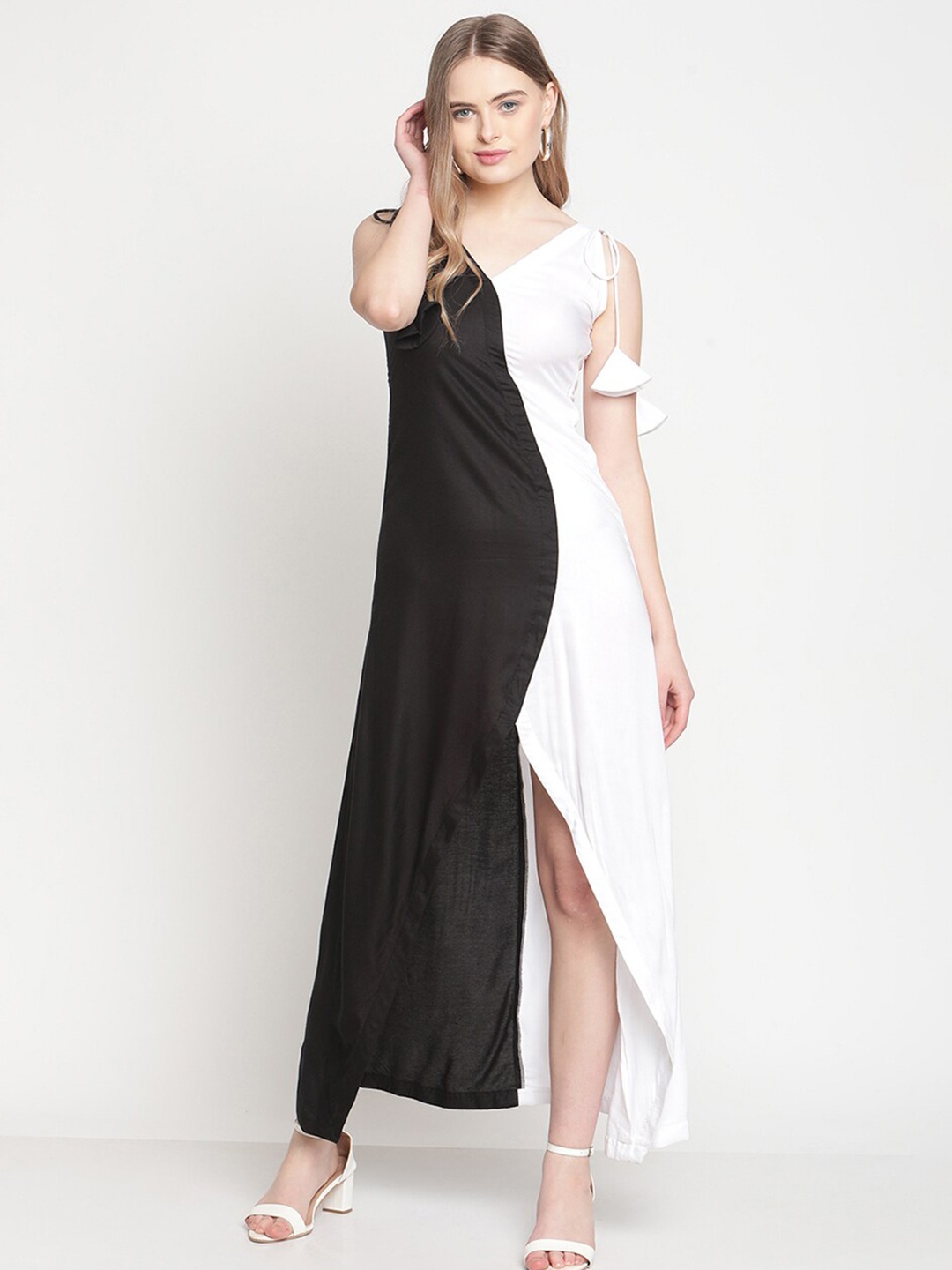 

VIRAGO Colourblocked Tie-Ups Cotton Maxi Sheath Dress, Black