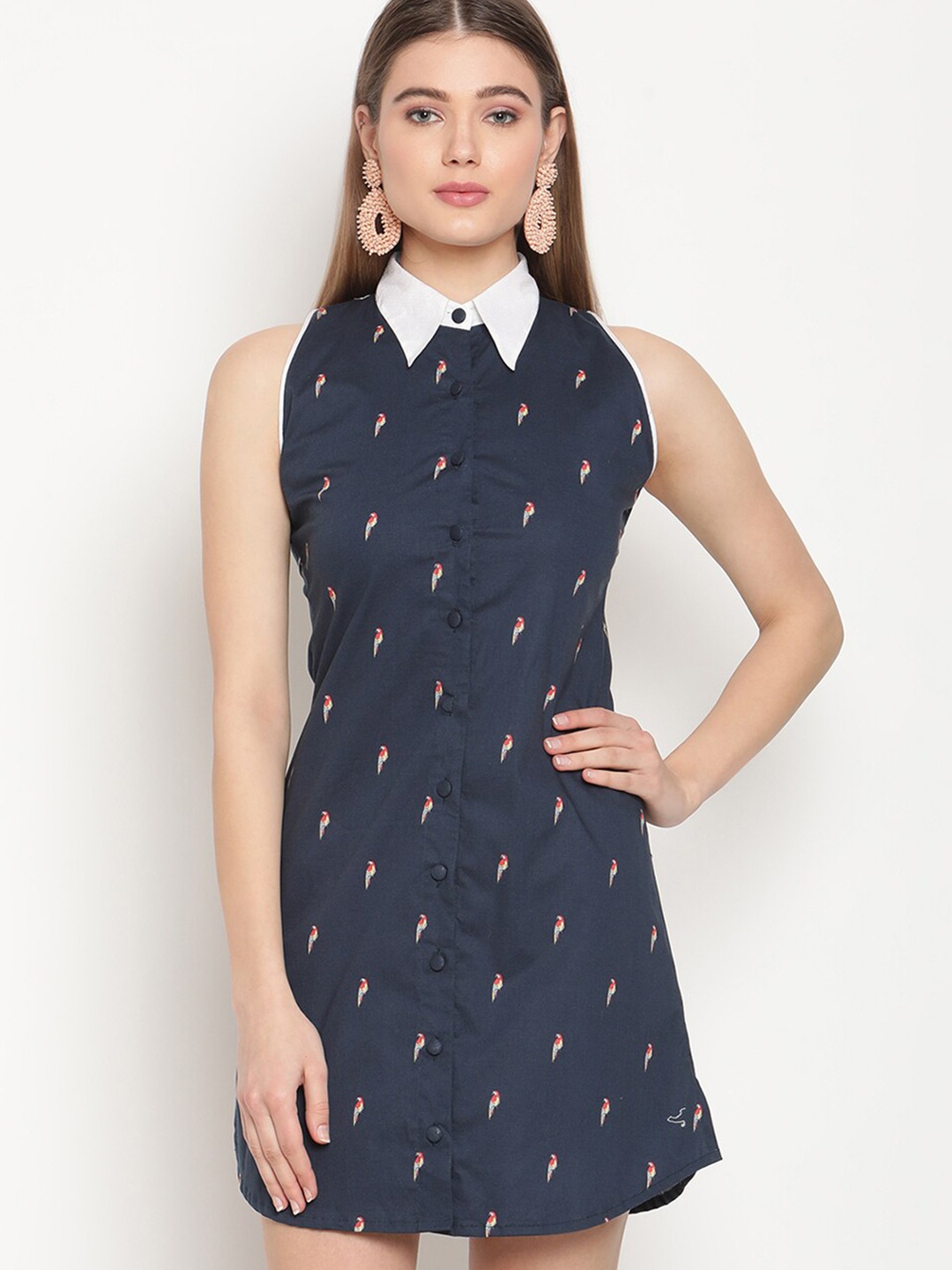 

VIRAGO Conversational Printed Cut Out Cotton Mini Shirt Dress, Navy blue