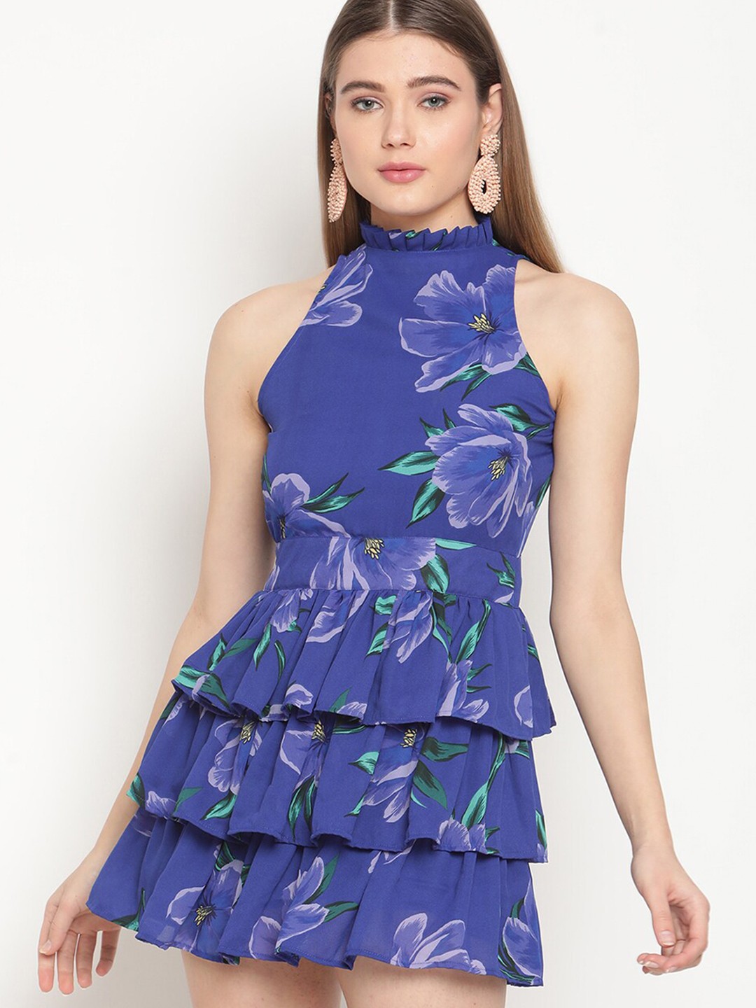 

VIRAGO Floral Printed Halter Neck Ruffles Georgette Fit & Flare Dress, Blue