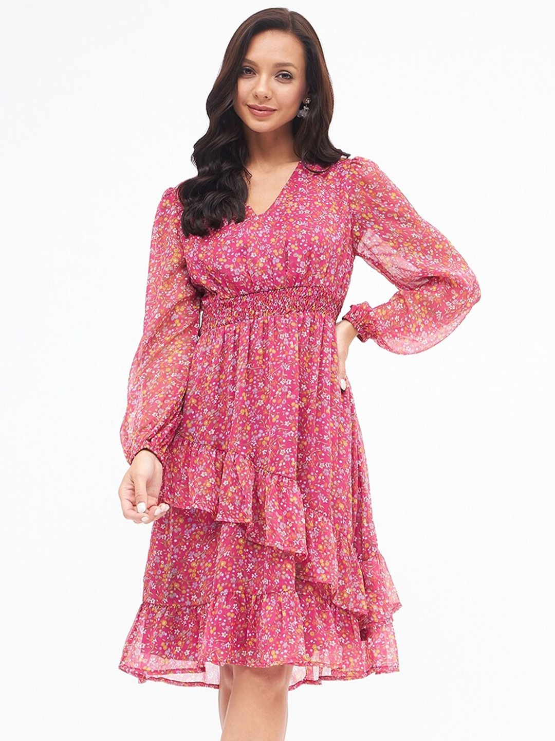 

Kibo Floral Printed V-Neck Puff Sleeve Layered Dress, Pink