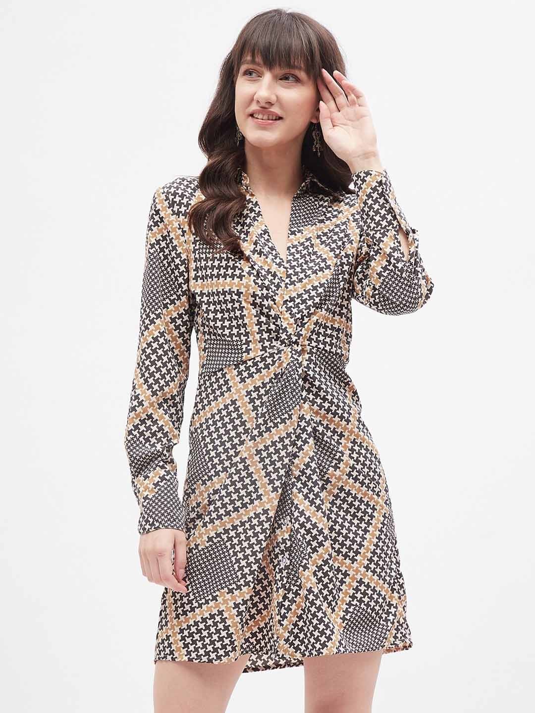 

Kibo Geometric Printed Shirt Collar Crepe Dress, Grey