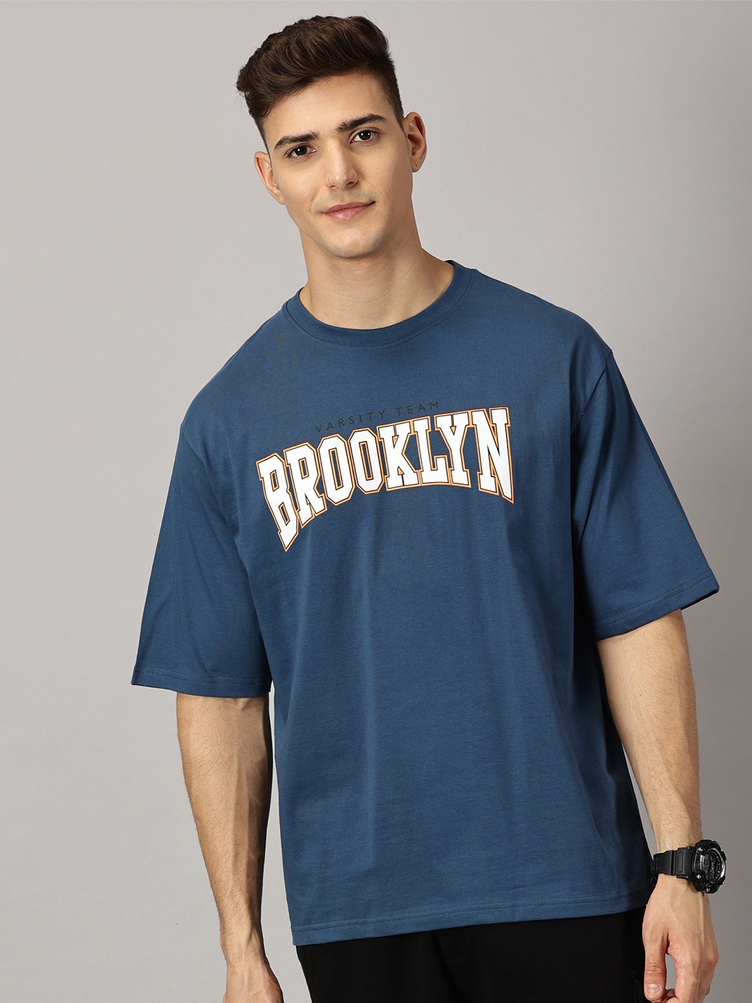 THE HOLLANDER Typography Printed Pure Cotton Oversized T-shirt, Navy blue