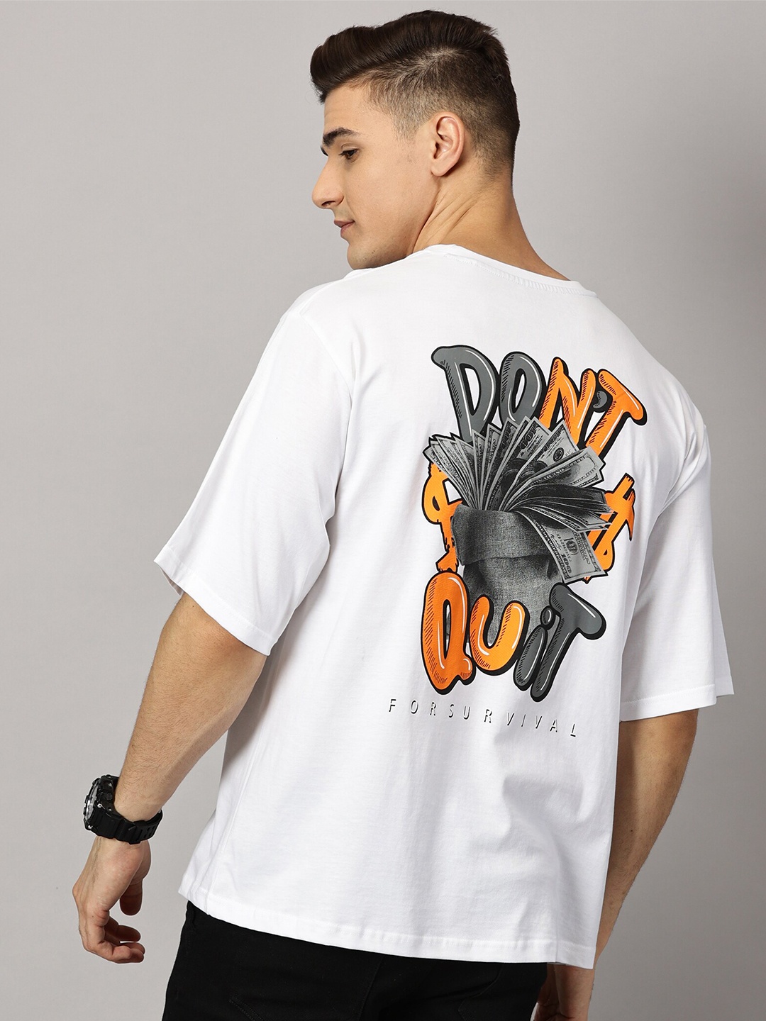 

THE HOLLANDER Round Neck Typography Printed Pure Cotton Oversized T-shirt, White