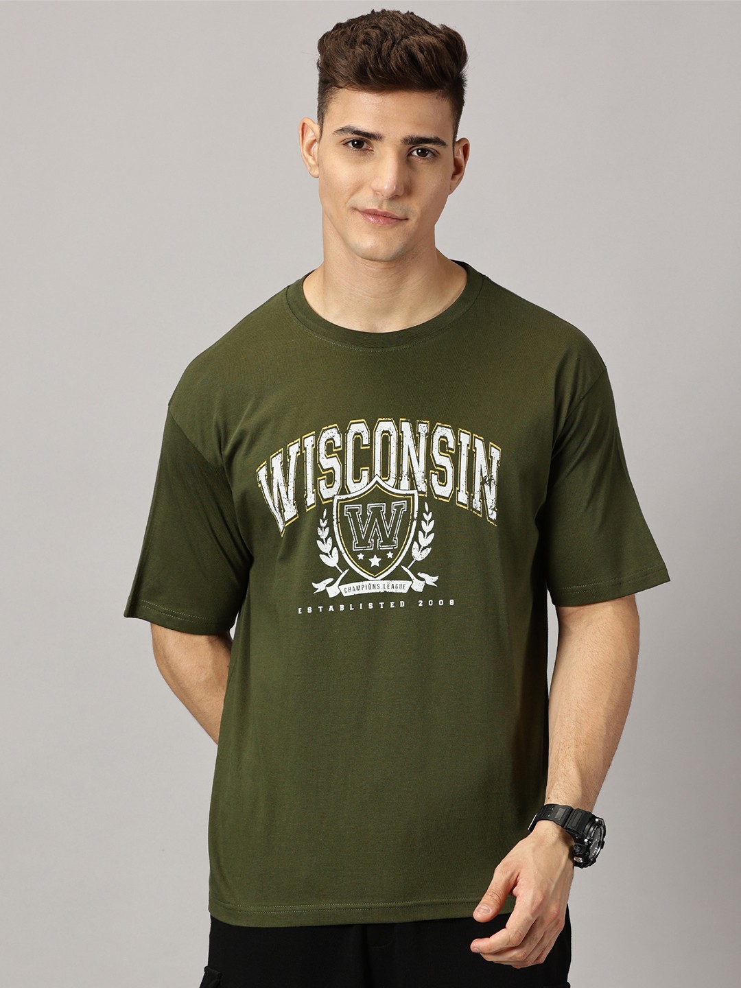 

THE HOLLANDER Typography Printed Drop-Shoulder Sleeves Cotton Oversized T-shirt, Green