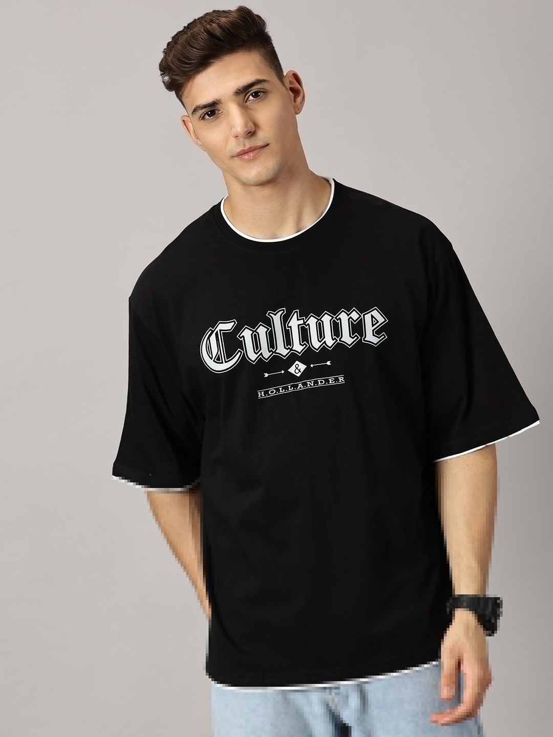 

THE HOLLANDER Typography Printed Drop Shoulder Sleeves Pure Cotton Oversized T-shirt, Black