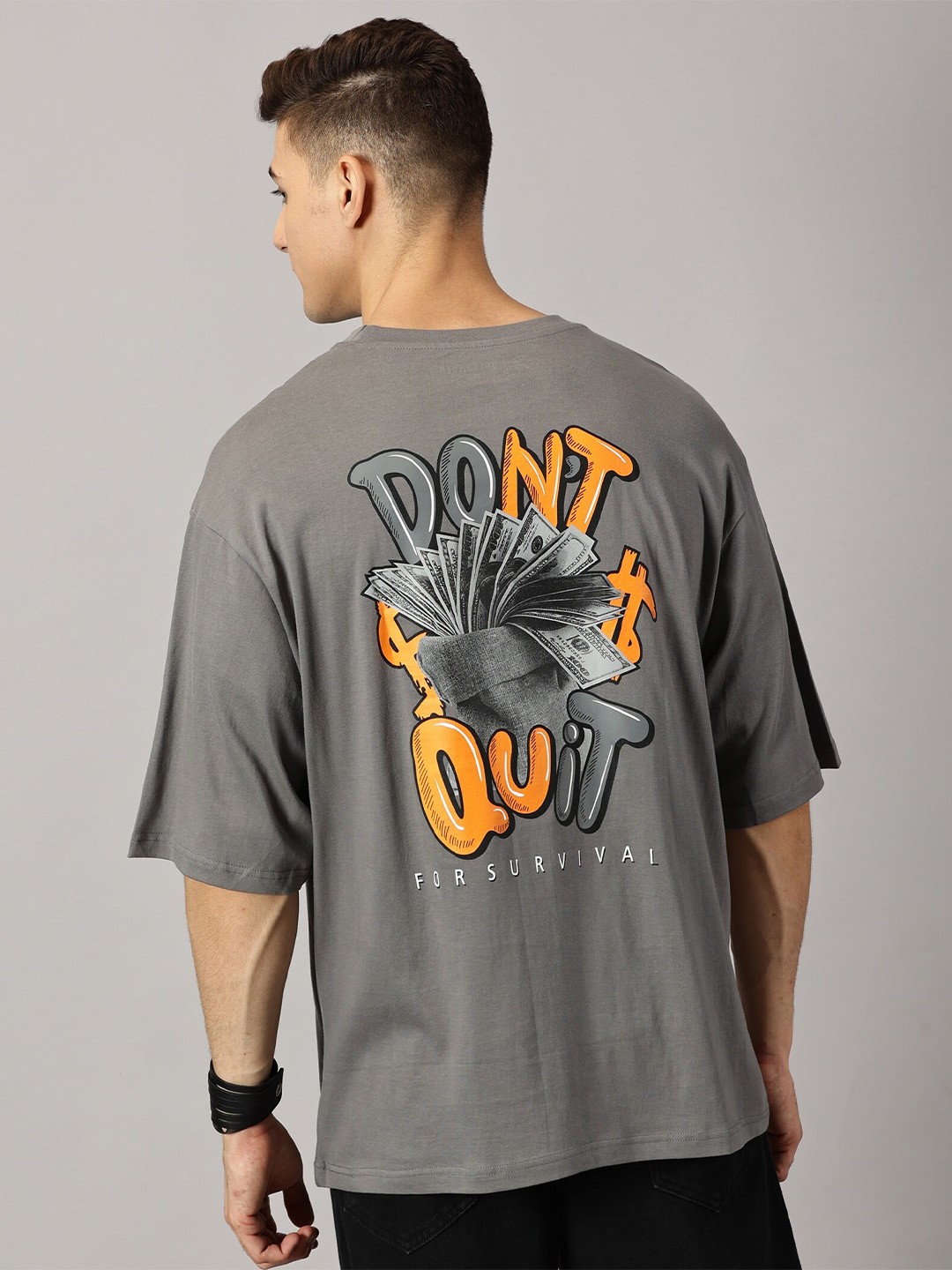 

THE HOLLANDER Round Neck Typography Printed Pure Cotton Oversized T-shirt, Grey