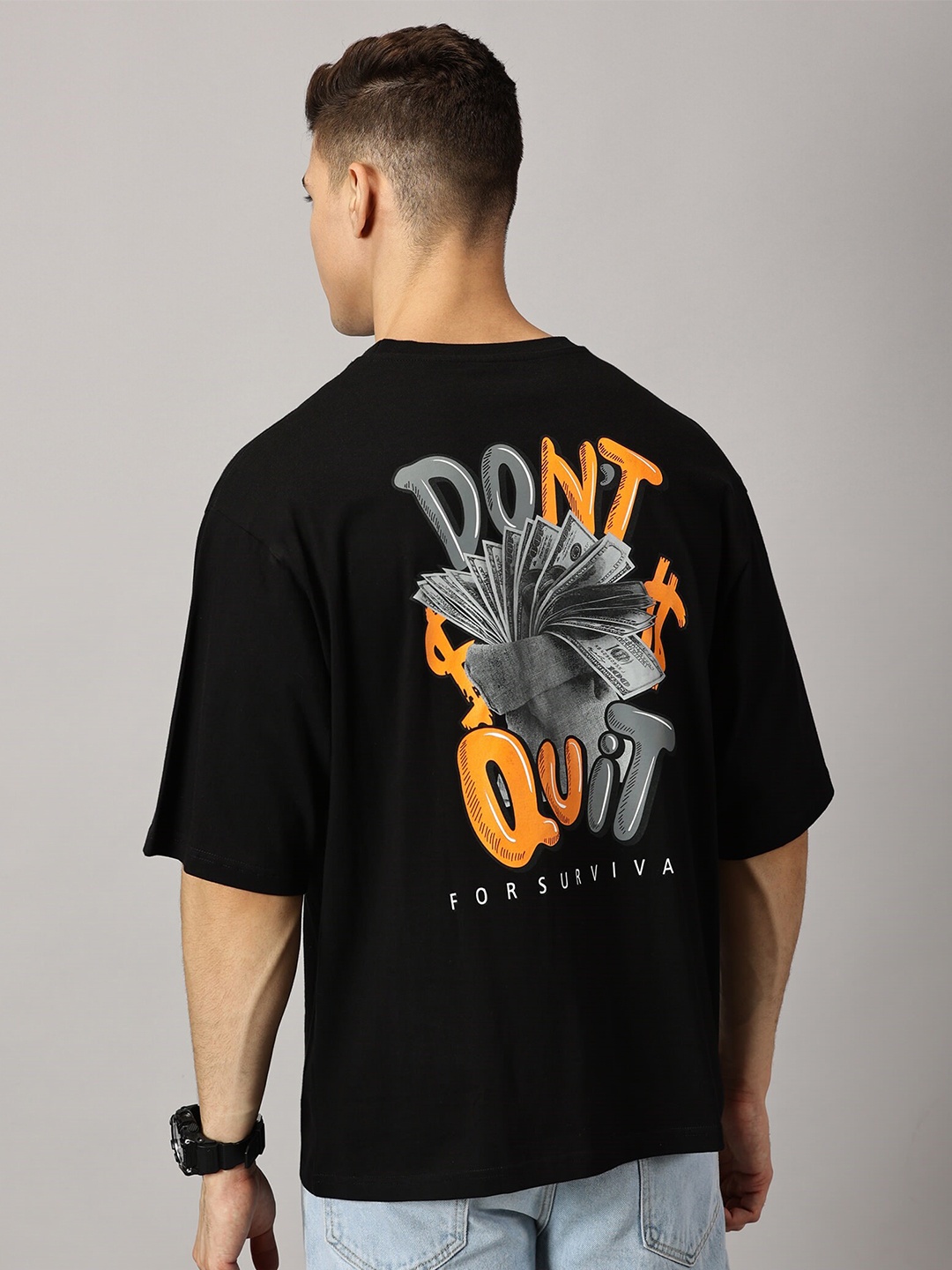 

THE HOLLANDER Round Neck Typography Printed Pure Cotton Oversized T-shirt, Black