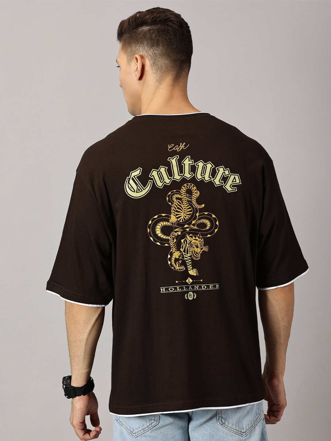 

THE HOLLANDER Round Neck Printed Pure Cotton Oversized T-shirt, Brown