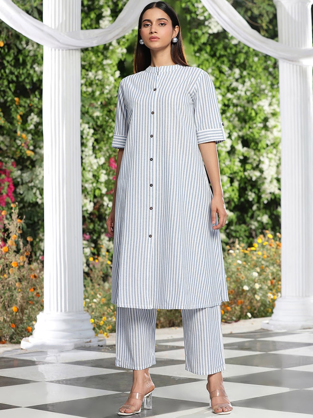 

QUEENLEY Mandarin Collar Striped Pure Cotton A Line Kurta with Trouser, Blue