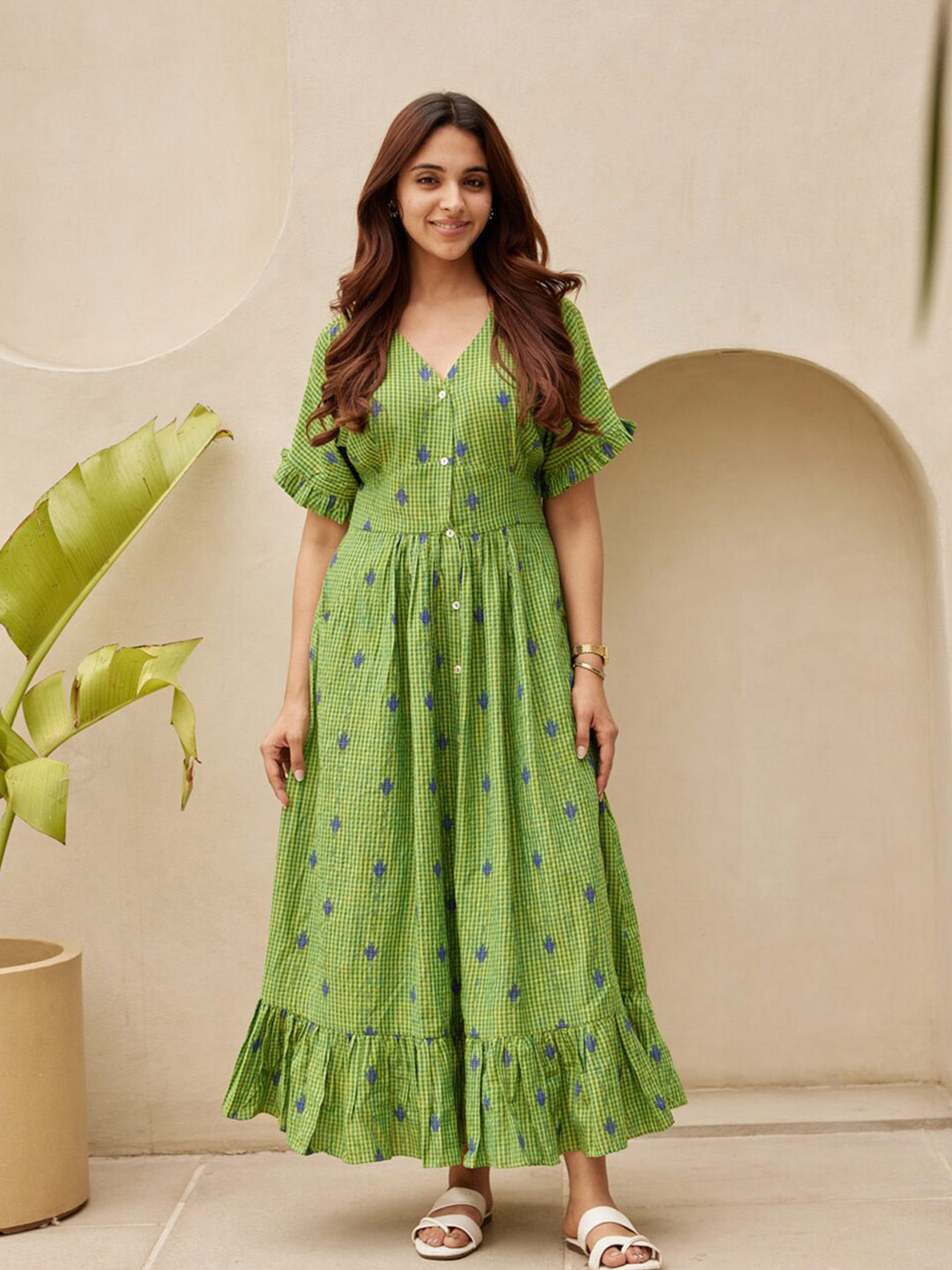 

Ambraee Floral Print V-Neck Regular Sleeves Organic Cotton Maxi Dress, Green
