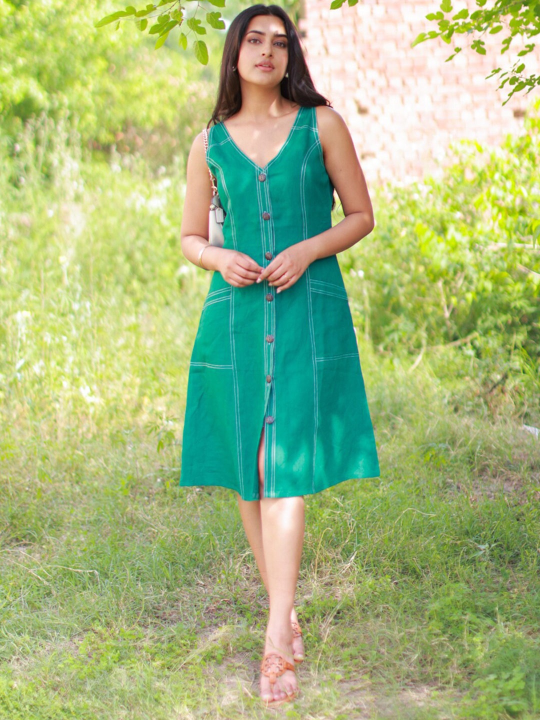 

Ambraee Linen V-Neck Sleeveless A-Line Casual Dress, Green