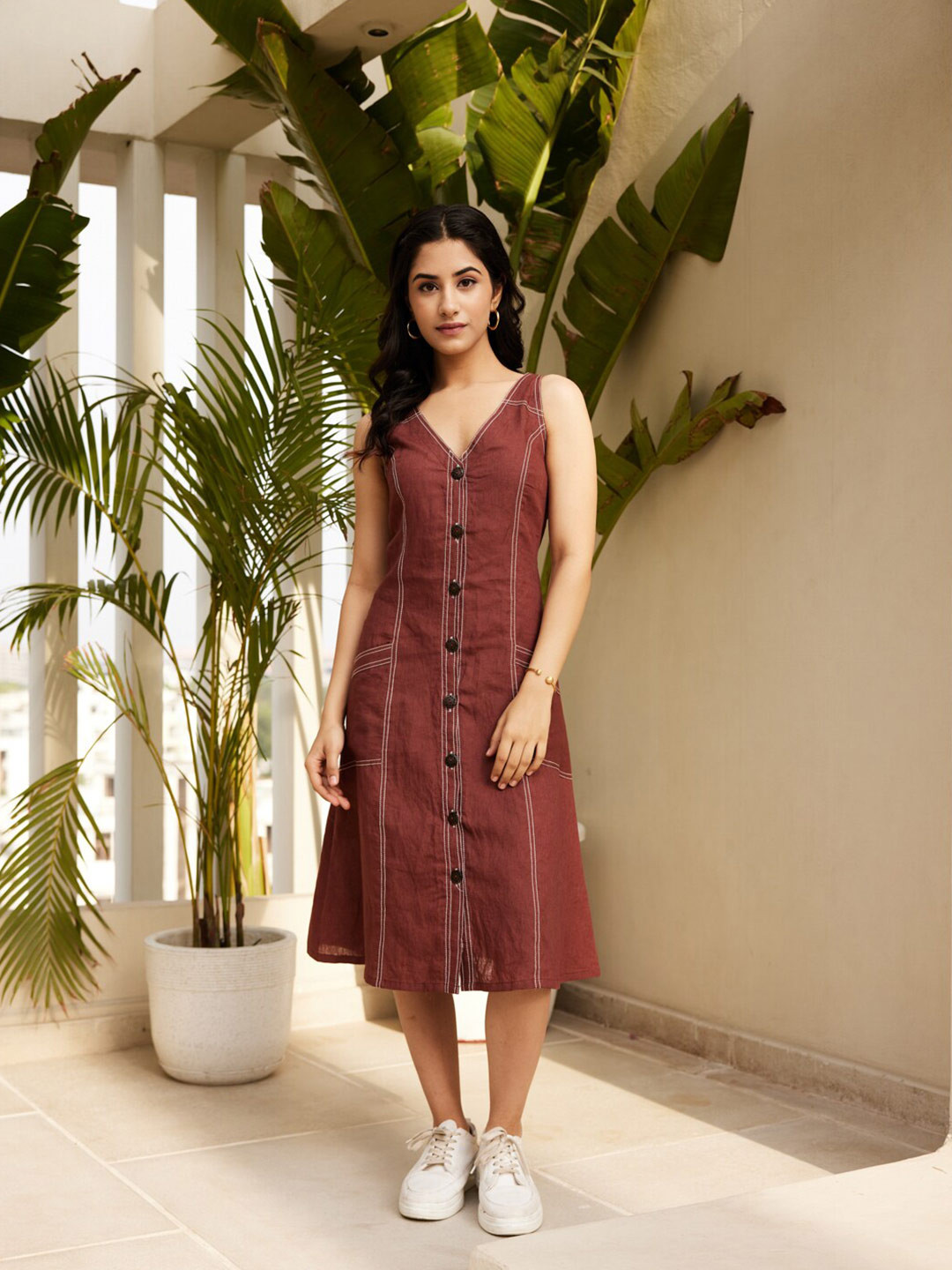 

Ambraee V-Neck Sleeveless A-Line Midi Dress, Brown