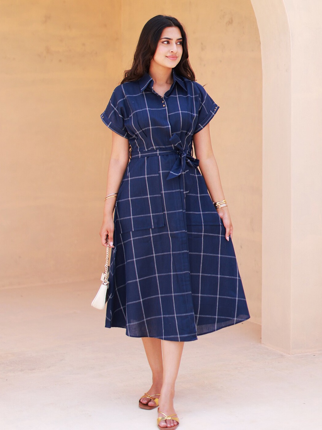 

Ambraee Checked Cotton Shirt Collar Shirt Midi Casual Dress Comes With A Belt, Blue