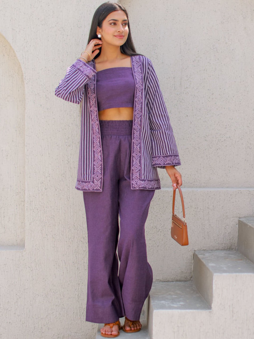 

Ambraee Ambraee Basic Striped Cotton Square Neck Crop Top & Flared Trouser & Jacket, Purple