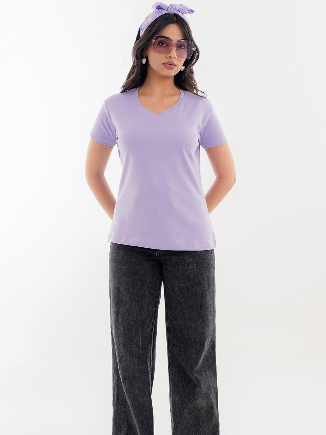

Halff Grey V-Neck Pure Cotton T-shirt, Lavender