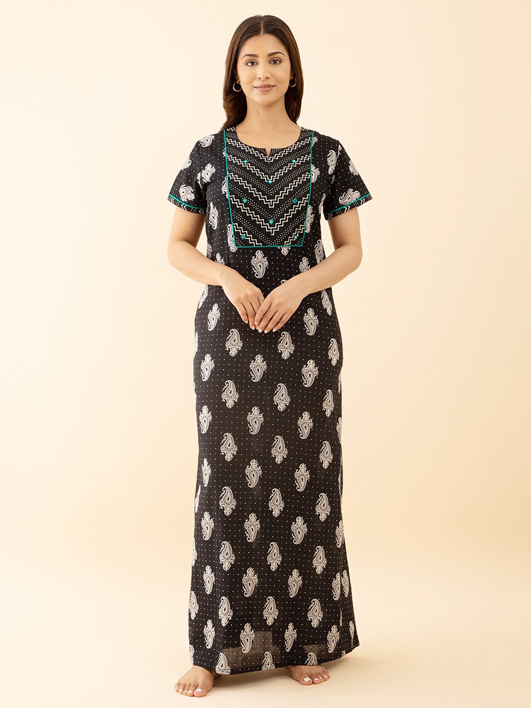

Maybell Floral Printed Pure Cotton Maxi Nightdress, Black