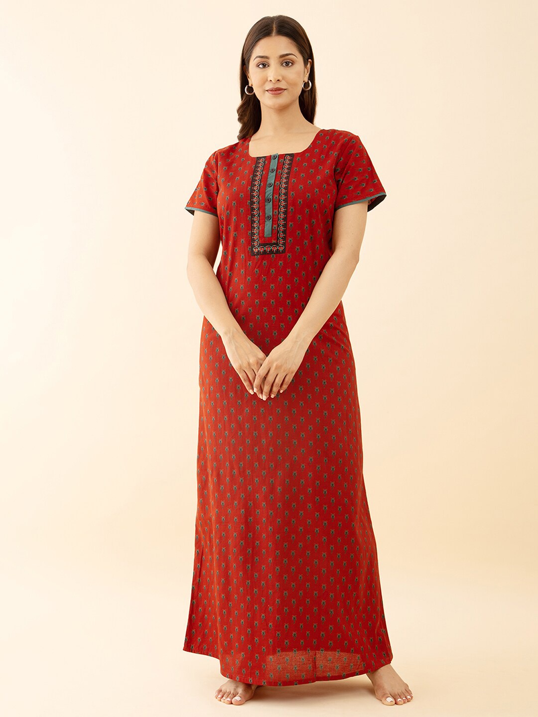 

Maybell Floral Printed Pure Cotton Maxi Nightdress, Maroon