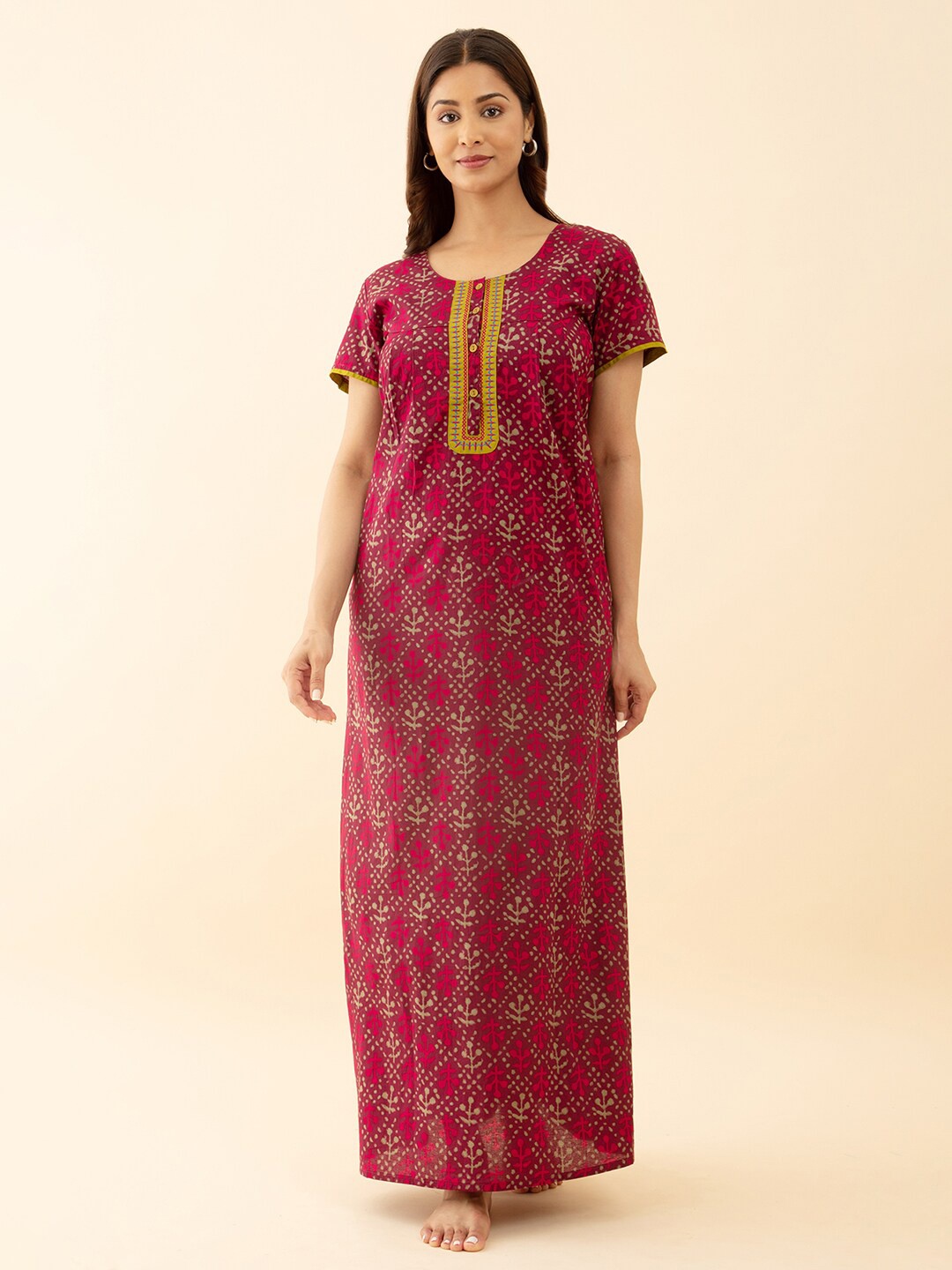 

Maybell Floral Printed Pure Cotton Maxi Nightdress, Maroon