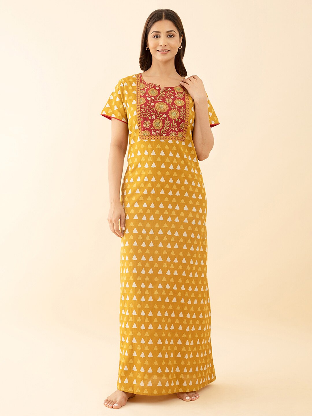 

Maybell Geometric Printed Pure Cotton Maxi Nightdress, Mustard