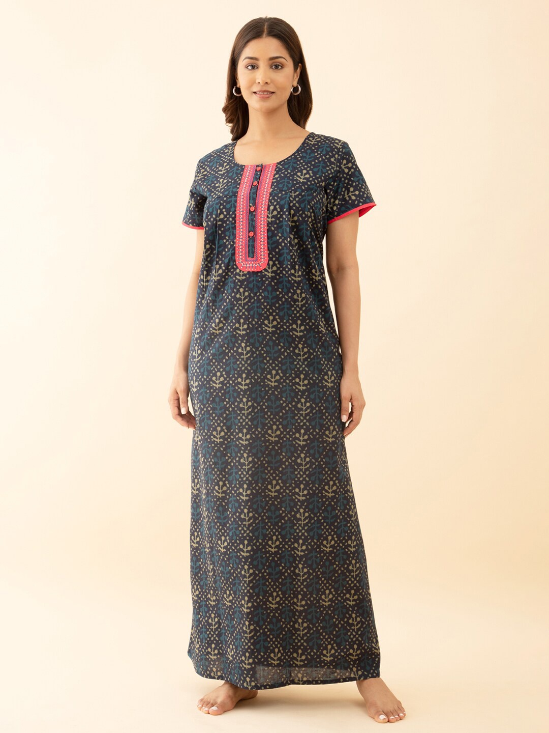 

Maybell Ethnic Motifs Printed Pure Cotton Maxi Nightdress, Blue