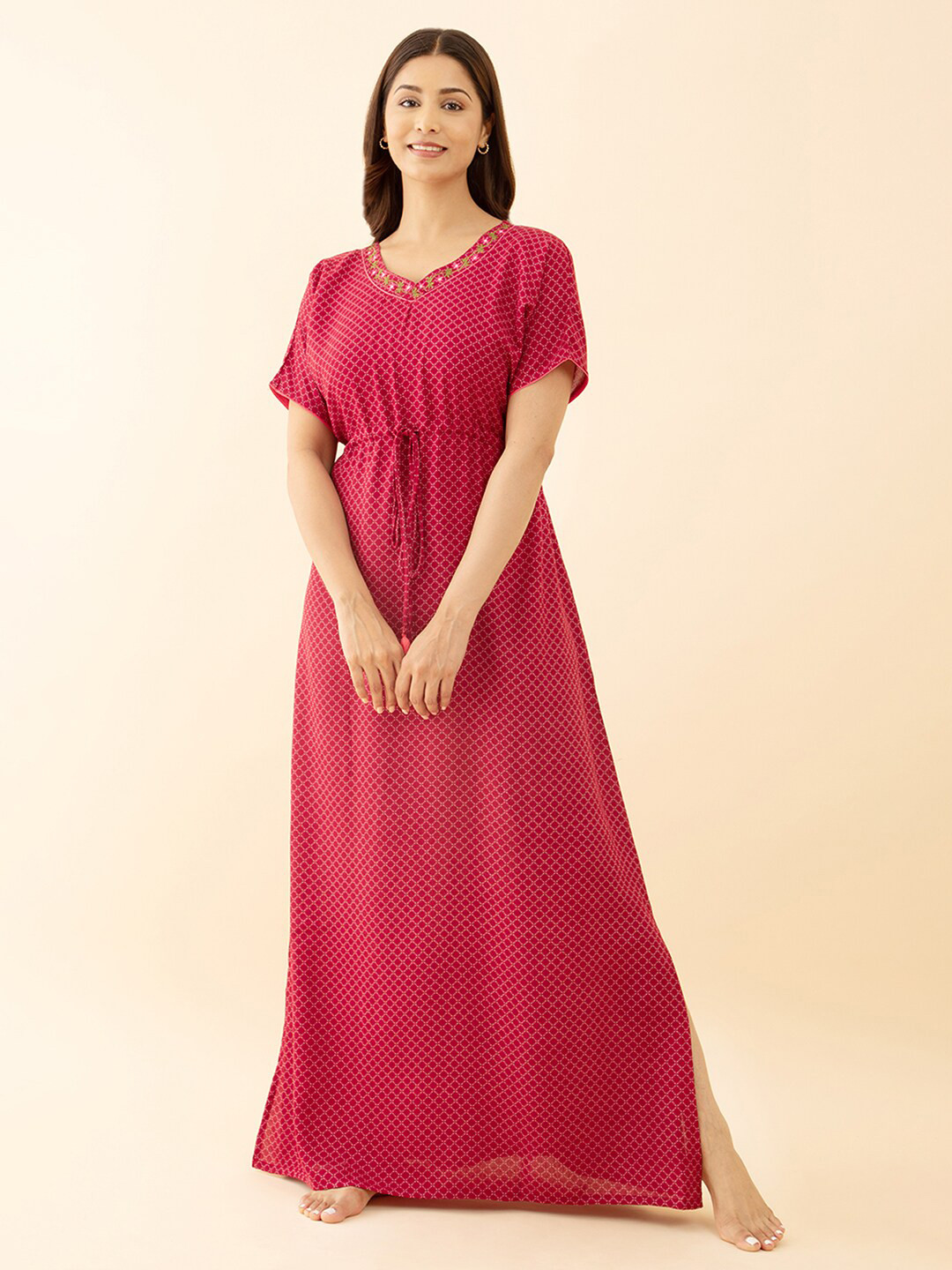 

Maybell Geometric Printed Maxi Nightdress, Maroon