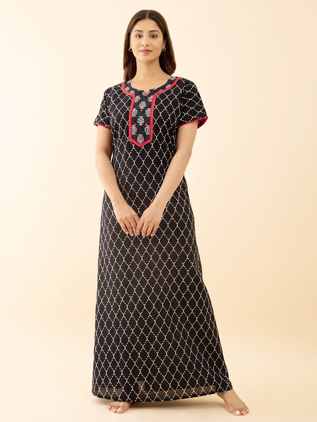 

Maybell Geometric Printed Pure Cotton Maxi Nightdress, Black
