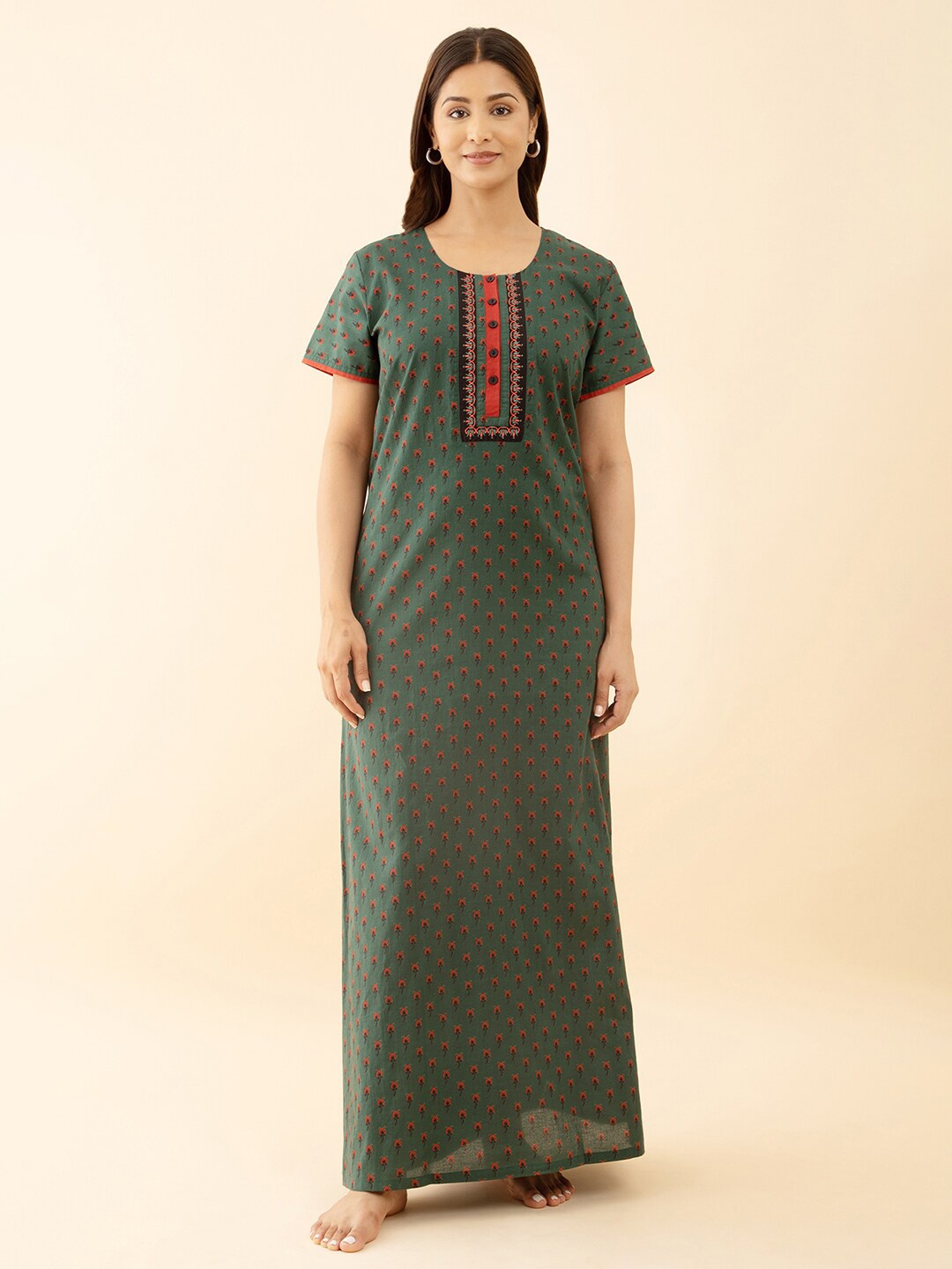 

Maybell Floral Printed Pure Cotton Maxi Nightdress, Green