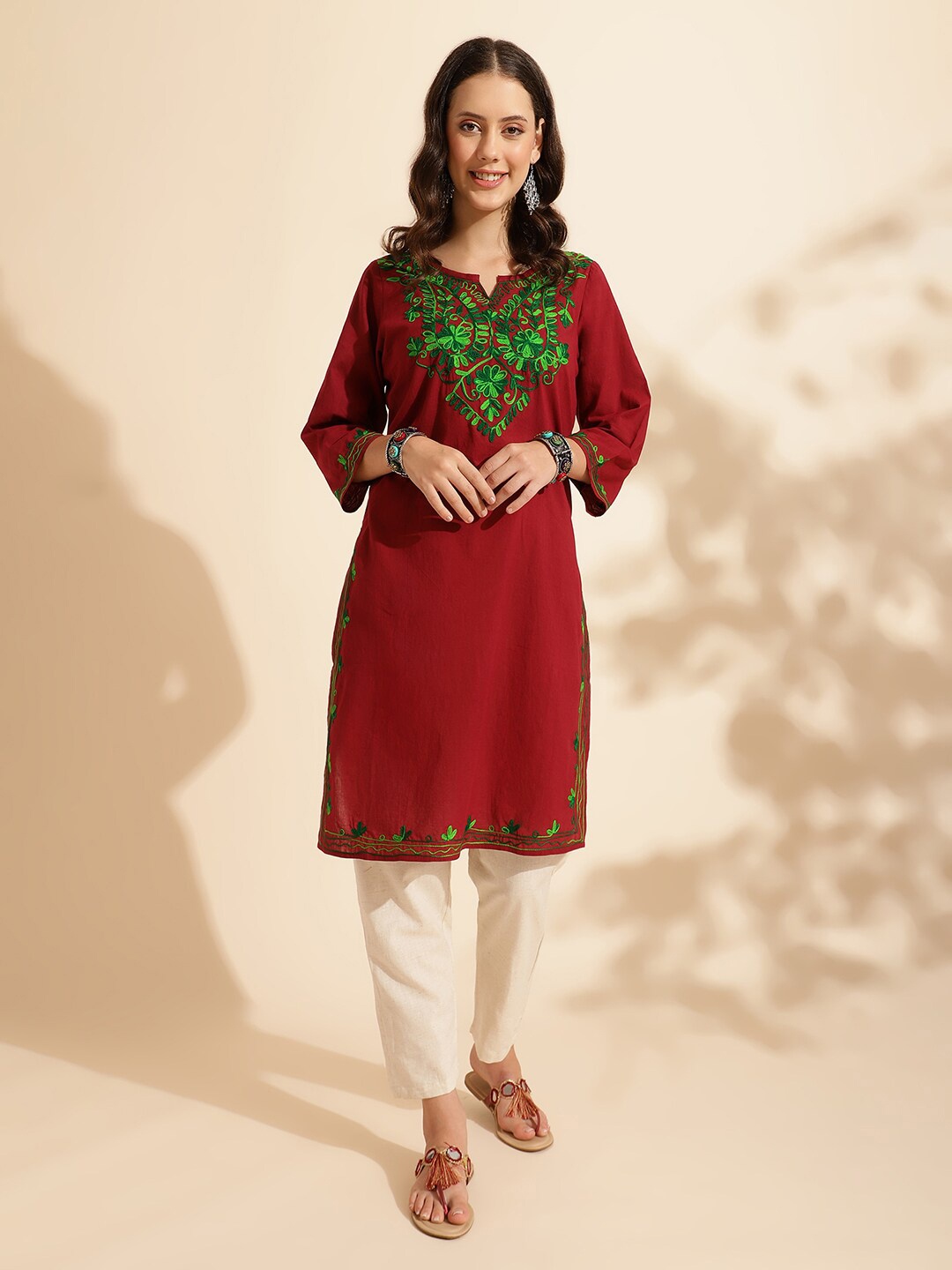 

QUEENLEY Floral Embroidered Pure Cotton Straight Kurta, Maroon