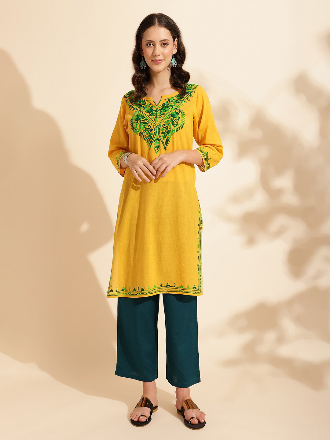 

QUEENLEY Floral Embroidered Round Neck Three-Quarter Sleeves Pure Cotton Kurta, Yellow