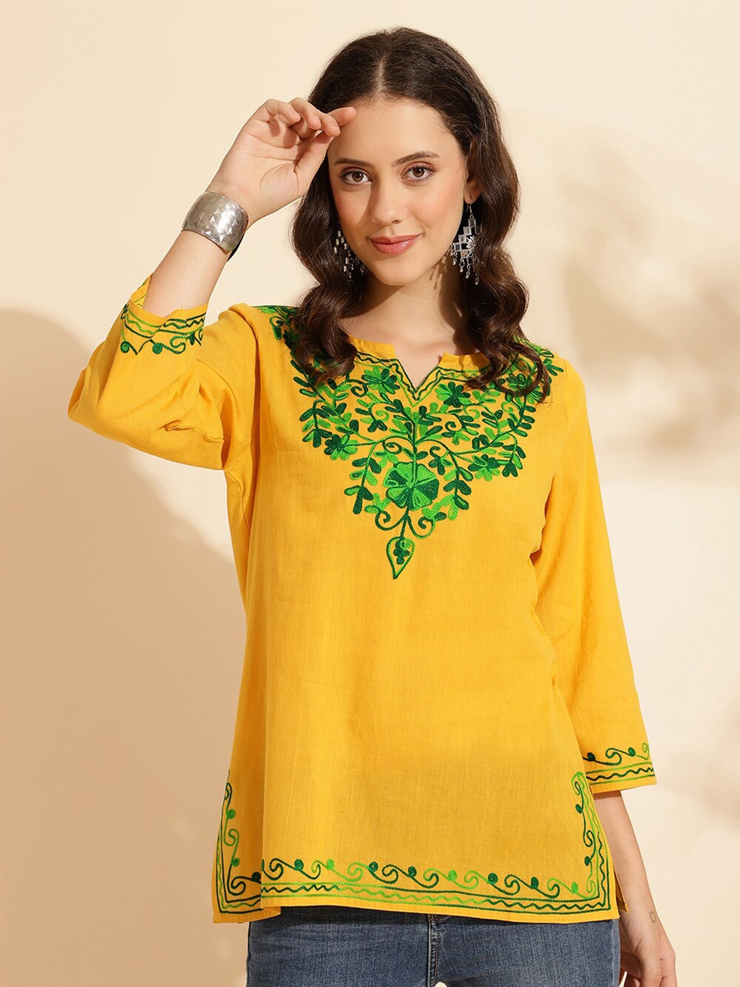 

QUEENLEY Floral Embroidered Notch Neck Pure Cotton Straight Kurti, Yellow