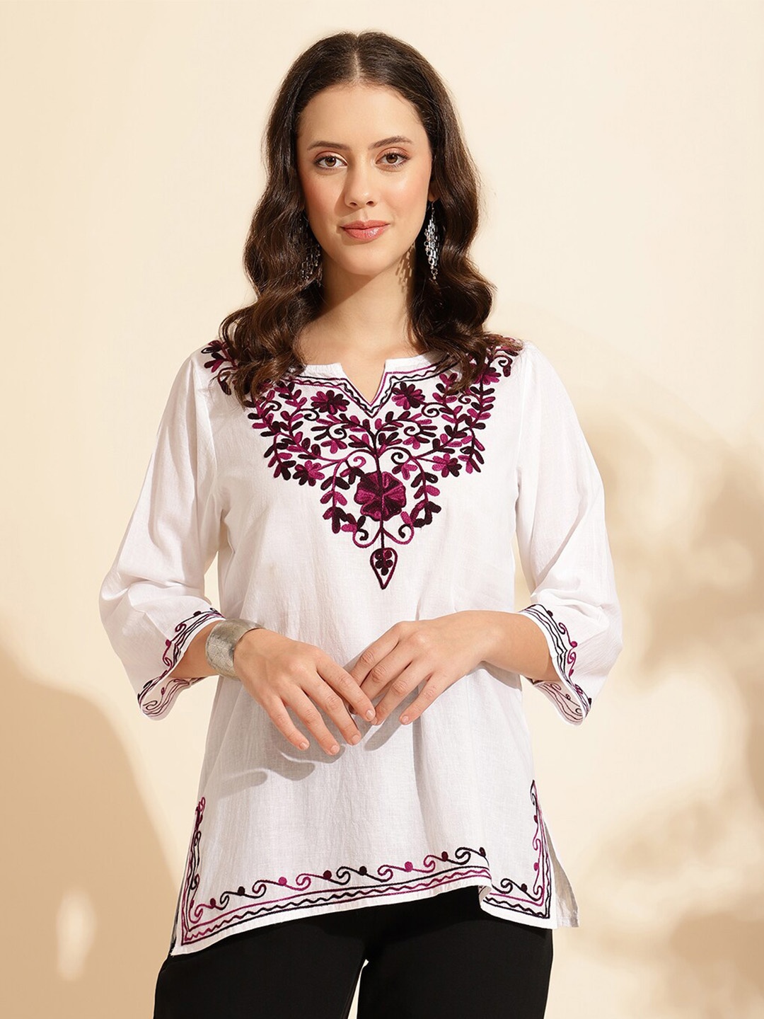 

QUEENLEY Floral Embroidered Round Neck Three-Quarter Sleeves Pure Cotton Kurti, White