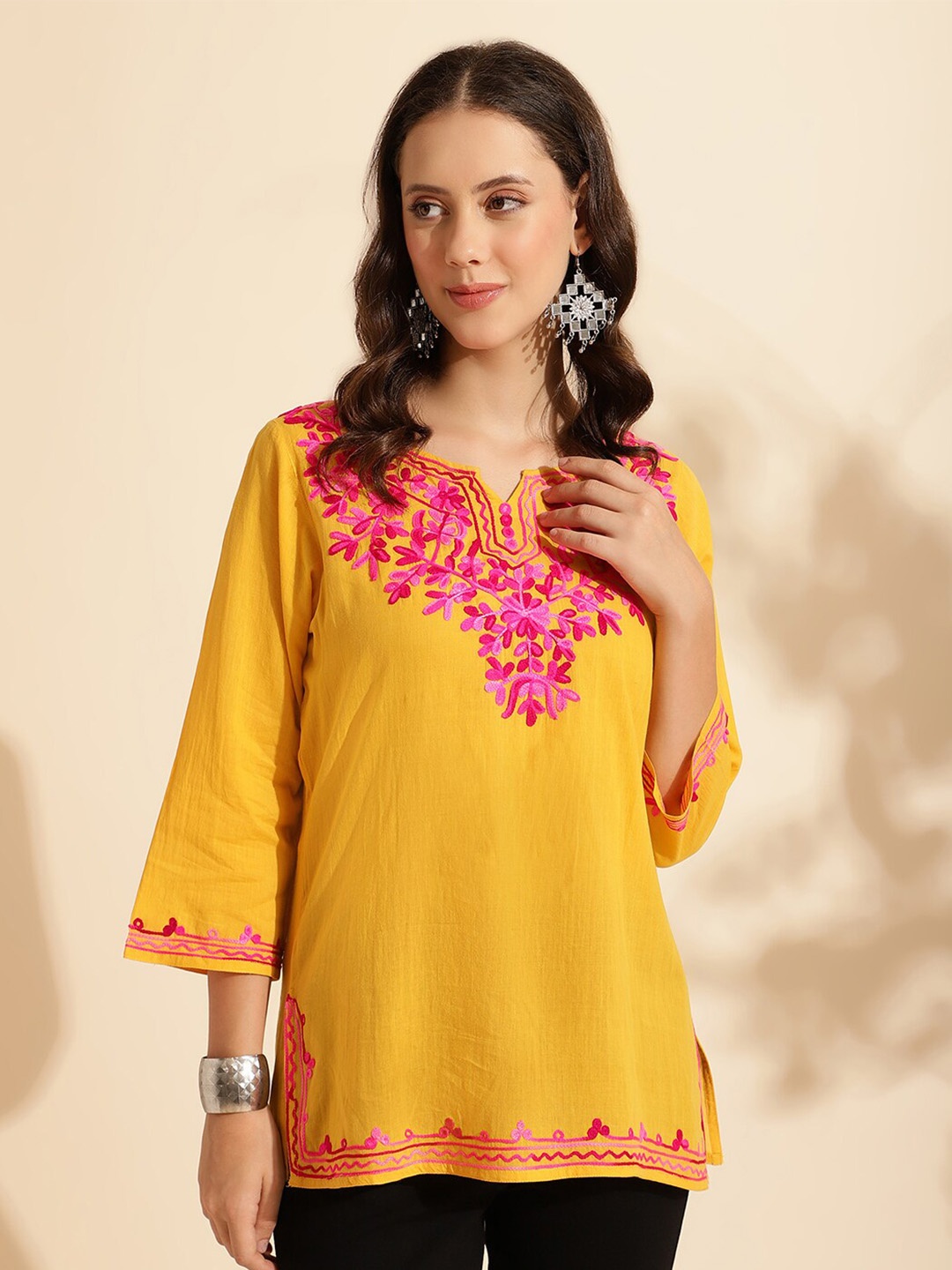 

QUEENLEY Floral Embroidered Round Neck Three-Quarter Sleeves Pure Cotton Kurti, Yellow