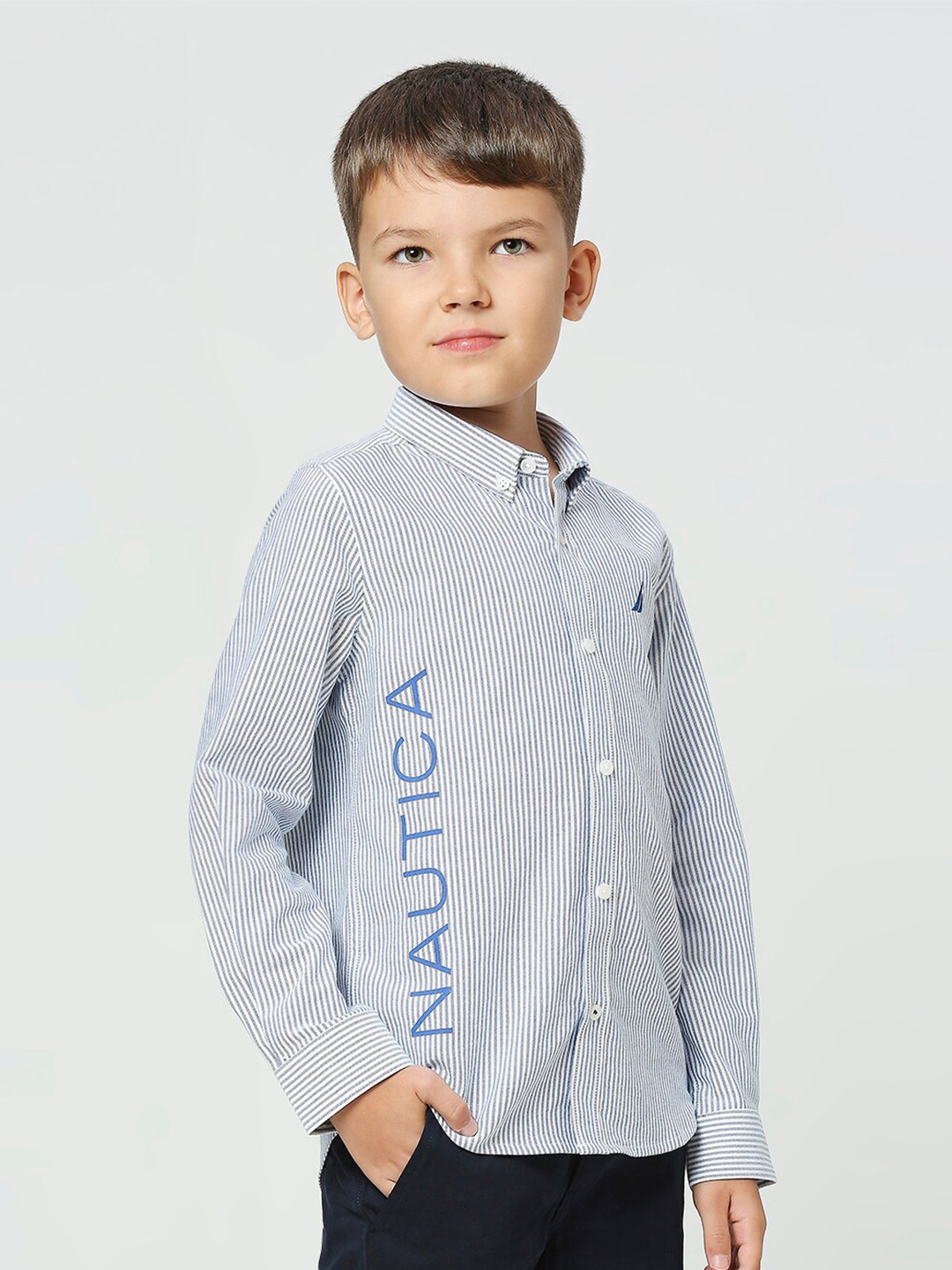 

Nautica Boys Premium Fit Vertical Striped Button-Down Collar Pure Cotton Casual Shirt, Blue