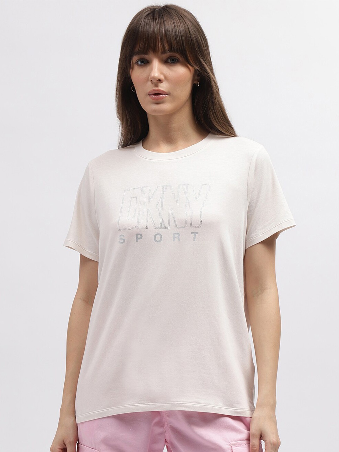 

DKNY Typography Printed Extended Sleeves Cotton Casual T-shirt, Off white
