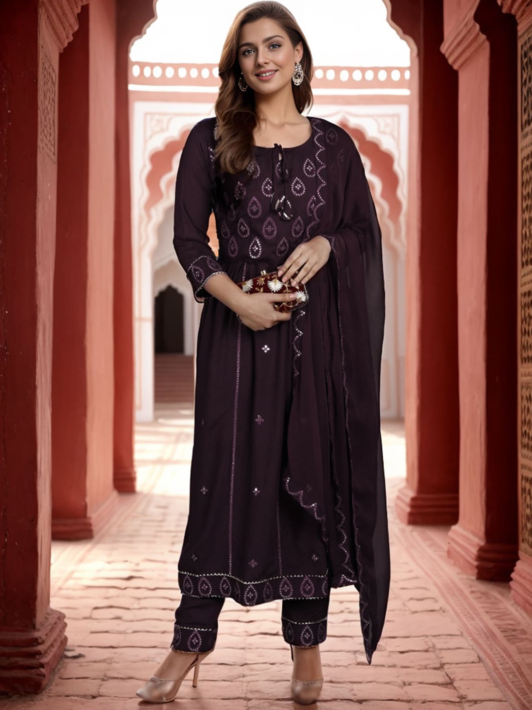 

Ziva Fashion Ethnic Motifs Embroidered Regular Mirror Work Kurta with Trousers & Dupatta, Brown
