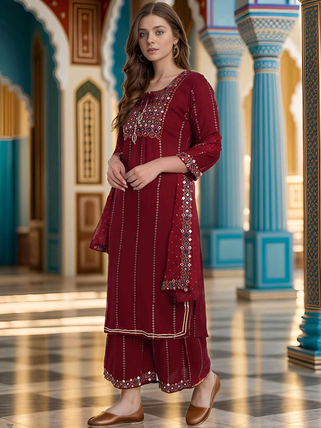 

Ziva Fashion Self Design Ethnic Motifs Mirror Work Straight Kurta with Palazzos & Dupatta, Red