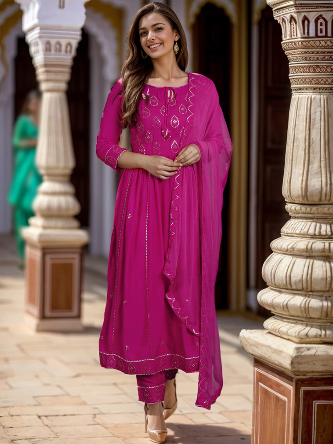 

Ziva Fashion Ethnic Motifs Embroidered Thread Work Kurta with Trouser & Dupatta, Pink