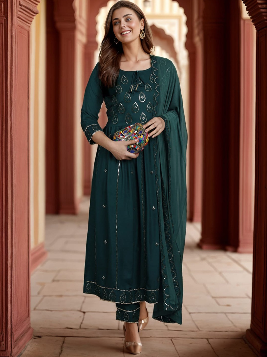 

Ziva Fashion Ethnic Motifs Embroidered Regular Thread Work Kurta with Trouser & Dupatta, Green