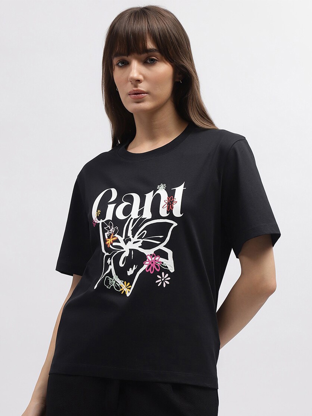 

GANT Graphic Printed Round Neck Short Sleeves Cotton Casual T-Shirt, Black