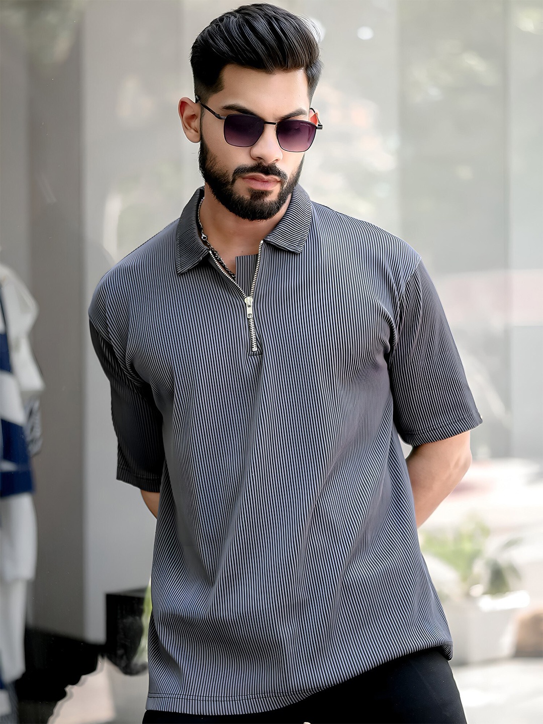 

Maniac Men Striped Polo Collar T-shirt, Grey
