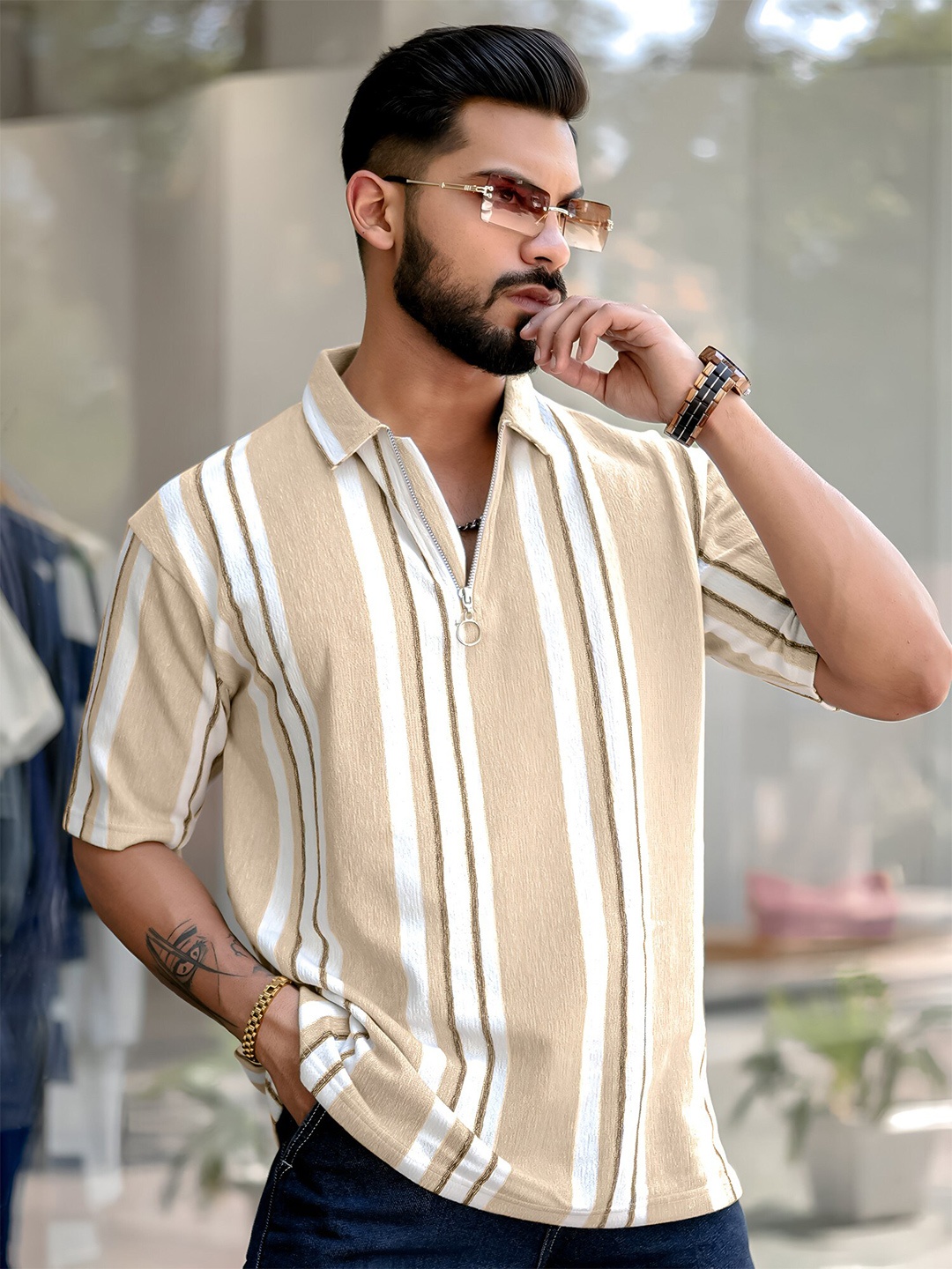 

Maniac Men Striped Polo Collar T-shirt, Beige