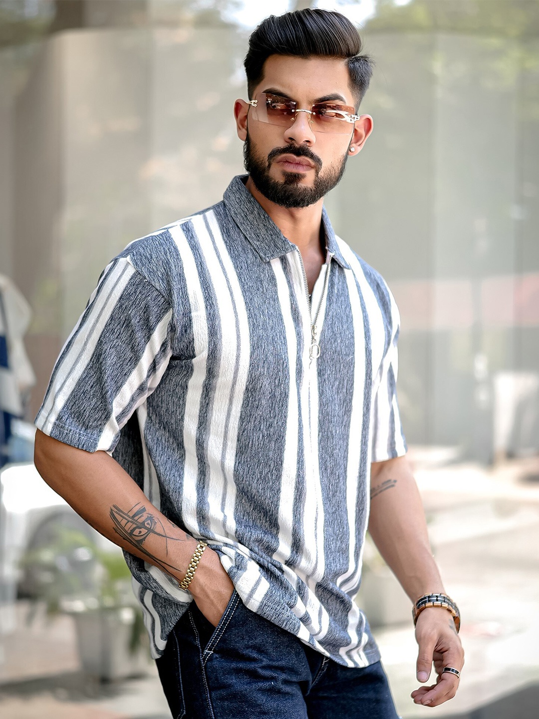 

Maniac Men Striped Polo Collar T-shirt, Grey